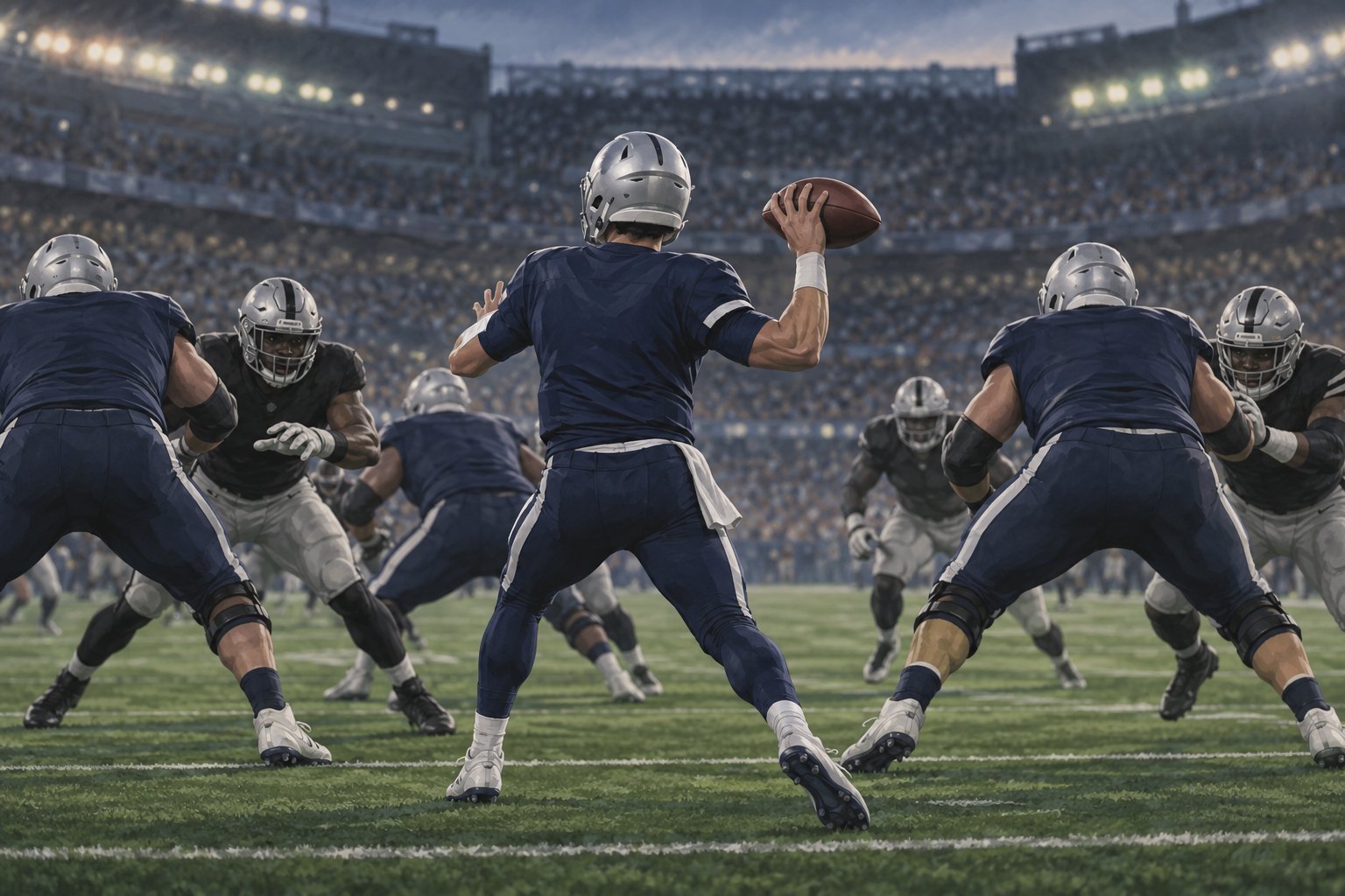 Conceptual illustration of a quarterback in navy preparing to throw behind blockers against defenders in black and silver.