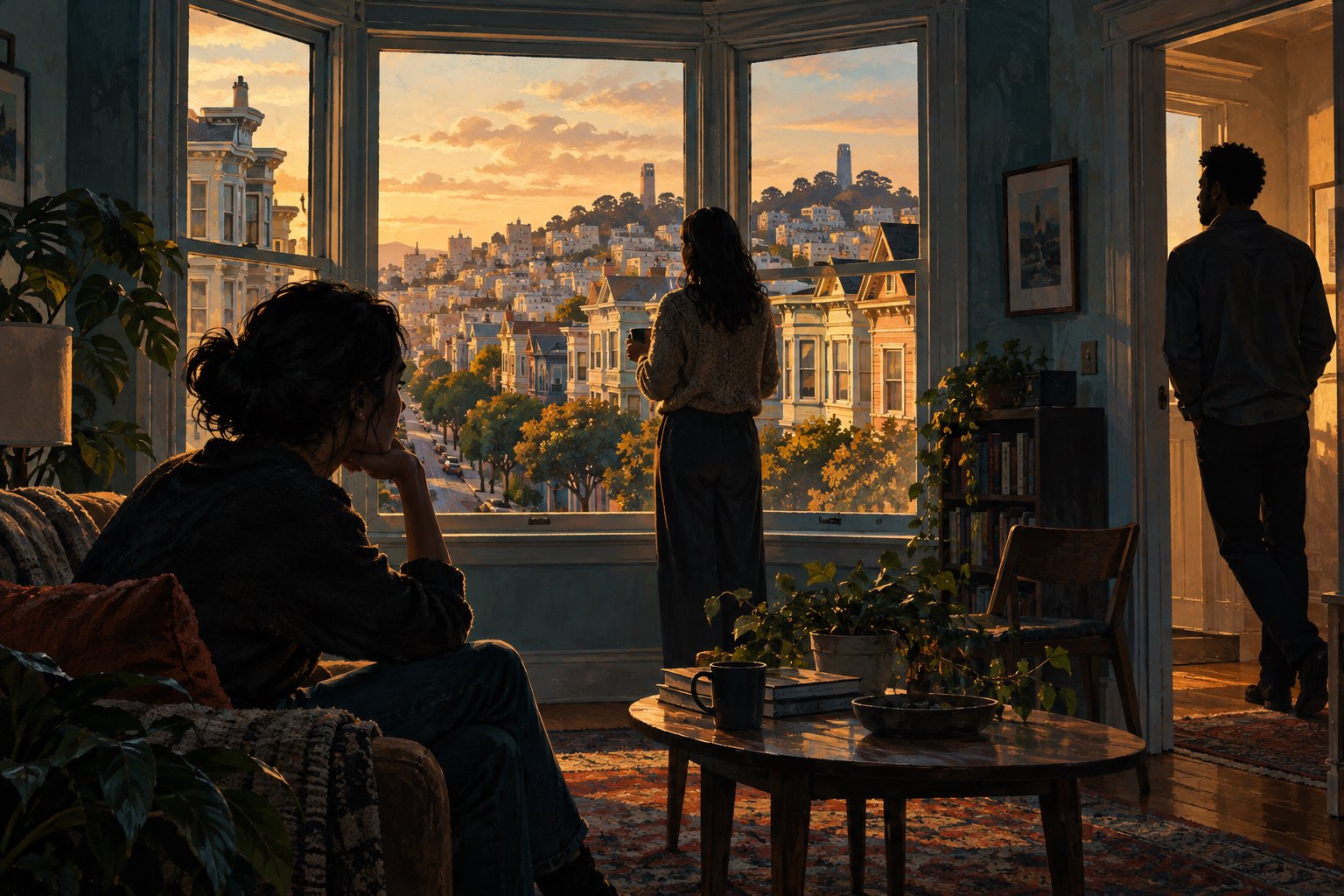 Conceptual illustration of three fictional figures positioned around a bay-window room overlooking San Francisco.