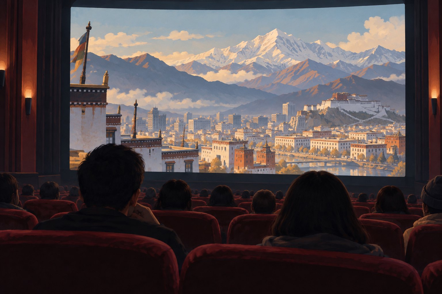 影院座椅面向呈现高原城市与远山的银幕,原创主题插画,非电影剧照