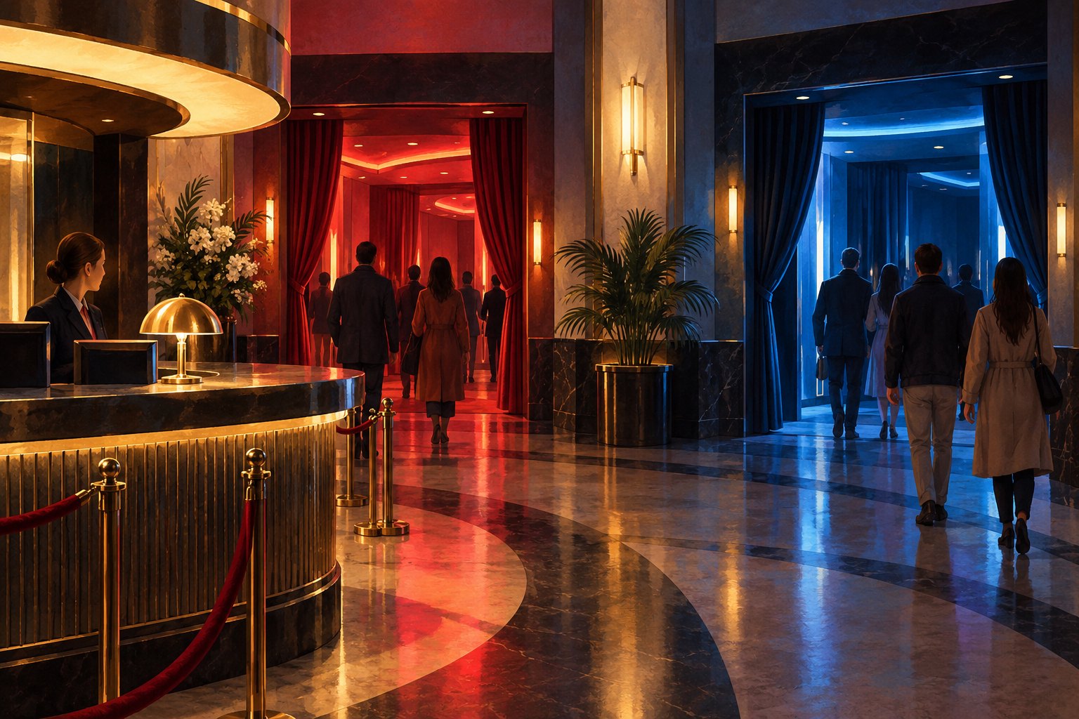Illustration of moviegoers entering red-lit and blue-lit auditoriums beside a cinema ticket counter.