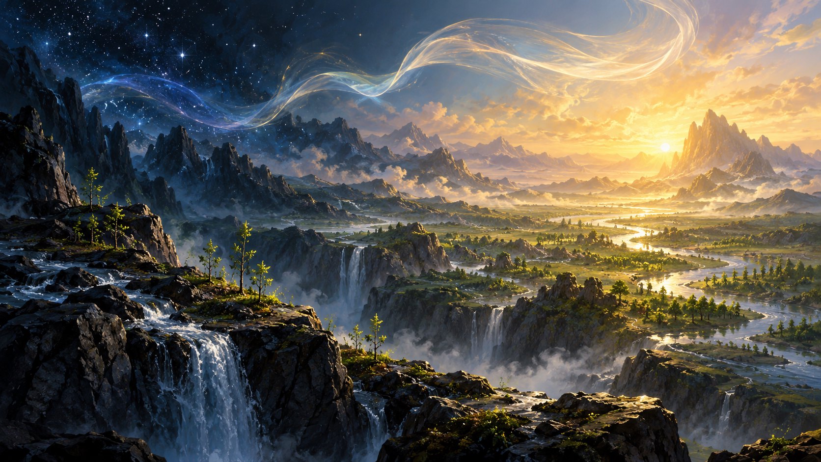 星夜逐漸化為金色晨光,溪流與新生樹木遍布山穀的世界誕生概念插畫,非電影劇照