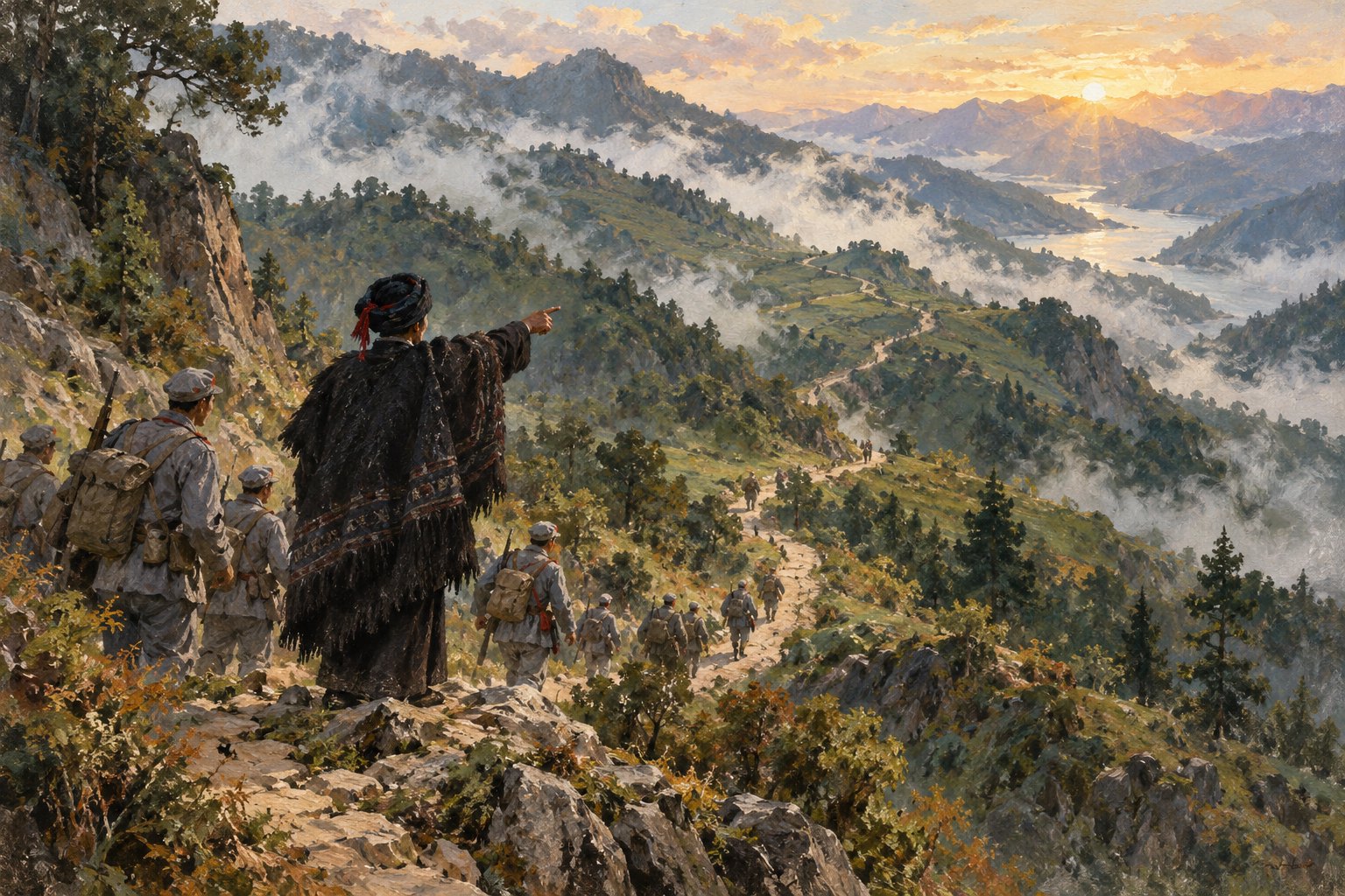 同行主题插画：彝族引路人在山路前方指引方向，背着行囊的红军队伍沿山坡前行