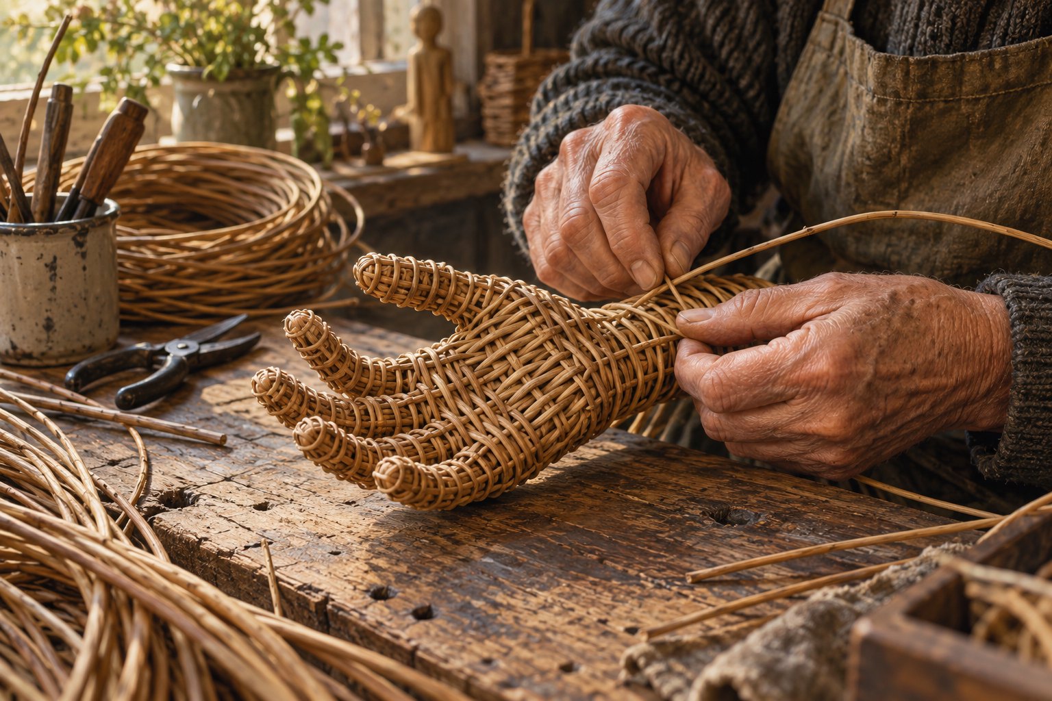 Original illustration of an artisan weaving a wicker hand on a sunlit wooden workbench.