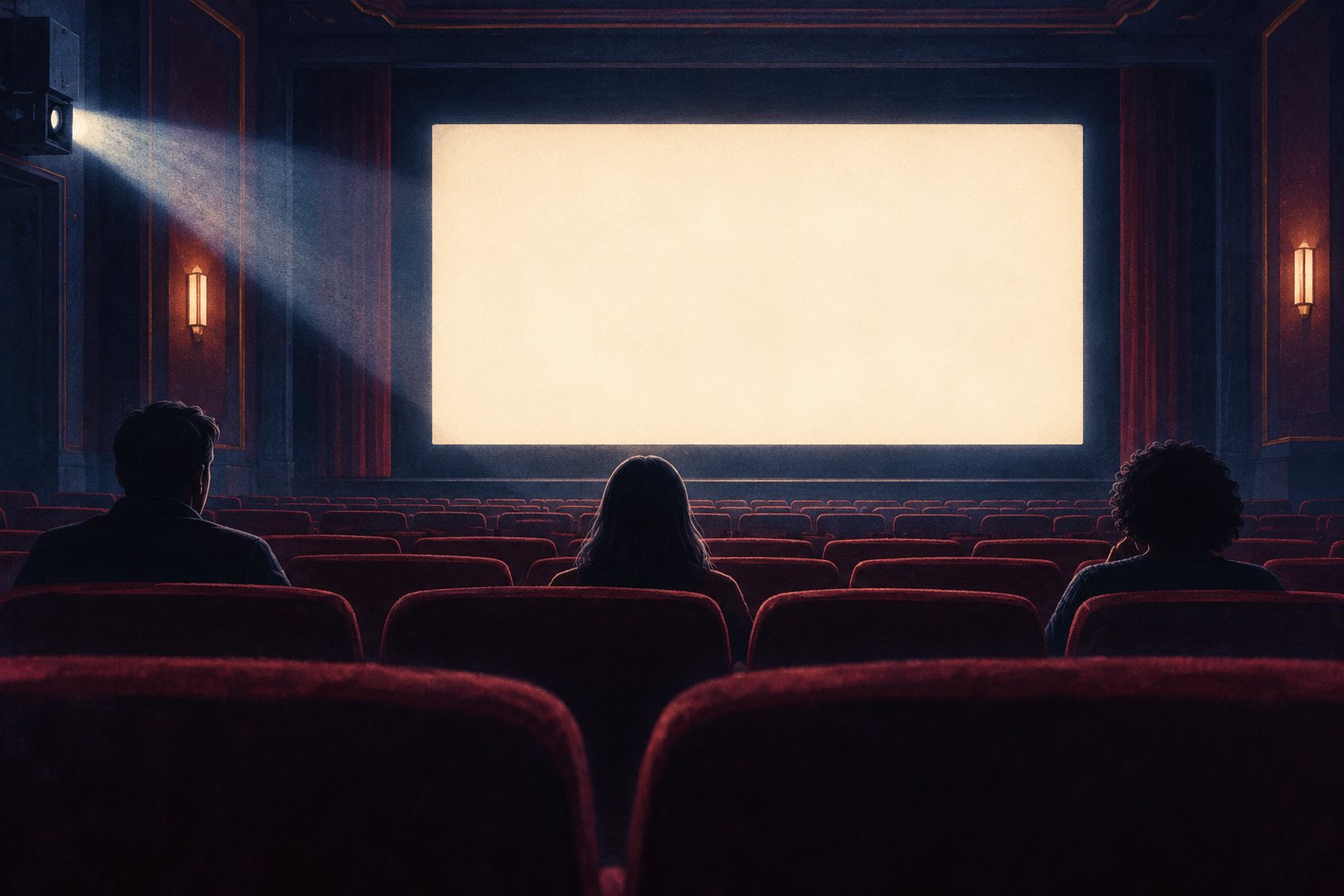 Editorial illustration of three viewers seated apart in a dark movie theater facing a blank illuminated screen.