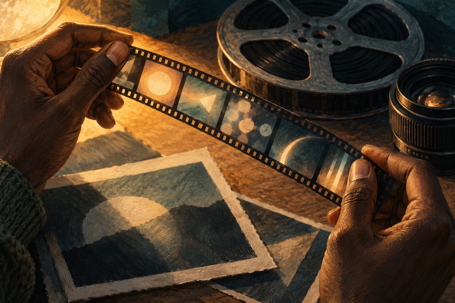 Conceptual illustration of hands examining a translucent filmstrip beside a film reel and camera lens.