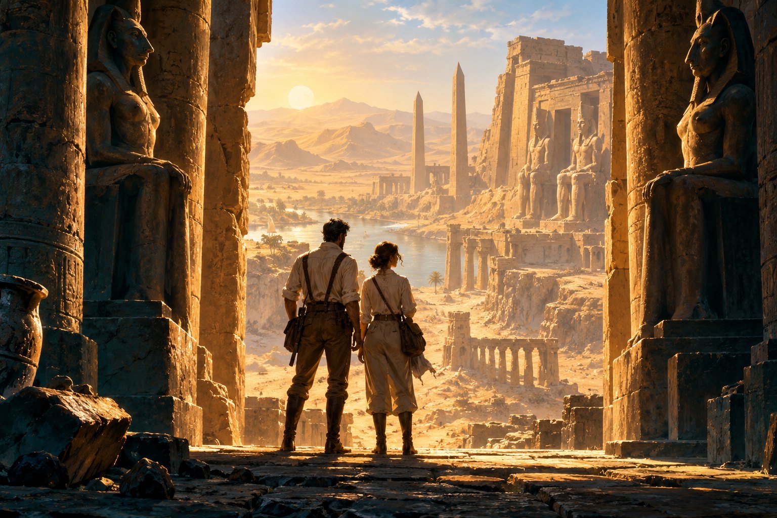 Adventure illustration of two explorers looking out from a sandstone gateway over sunlit Egyptian-inspired ruins.