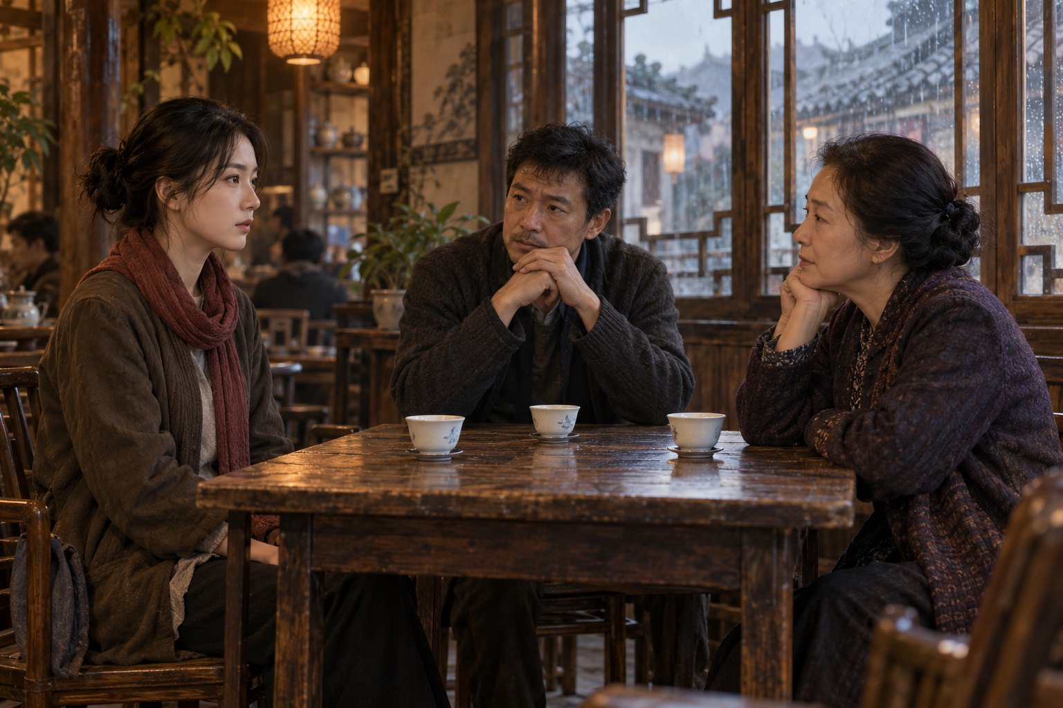 三位虚构人物围坐茶馆木桌,各持不同态度,呈现人情分歧的概念插画