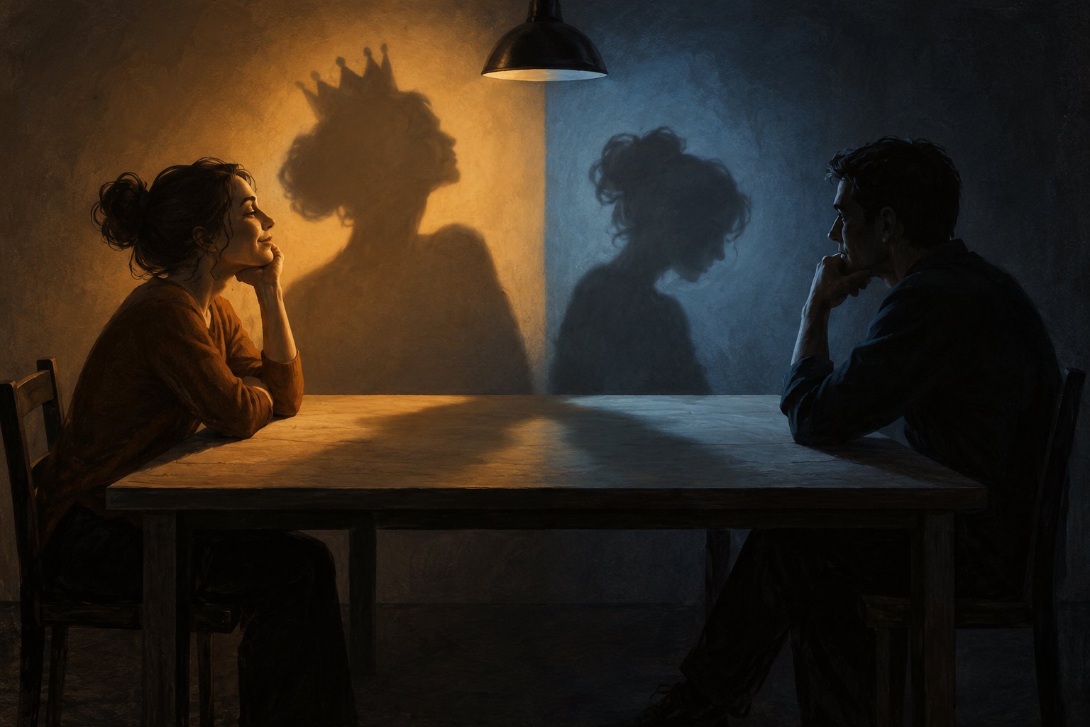 Conceptual illustration of two people across a table in amber and blue light, with contrasting shadows suggesting different perceptions.