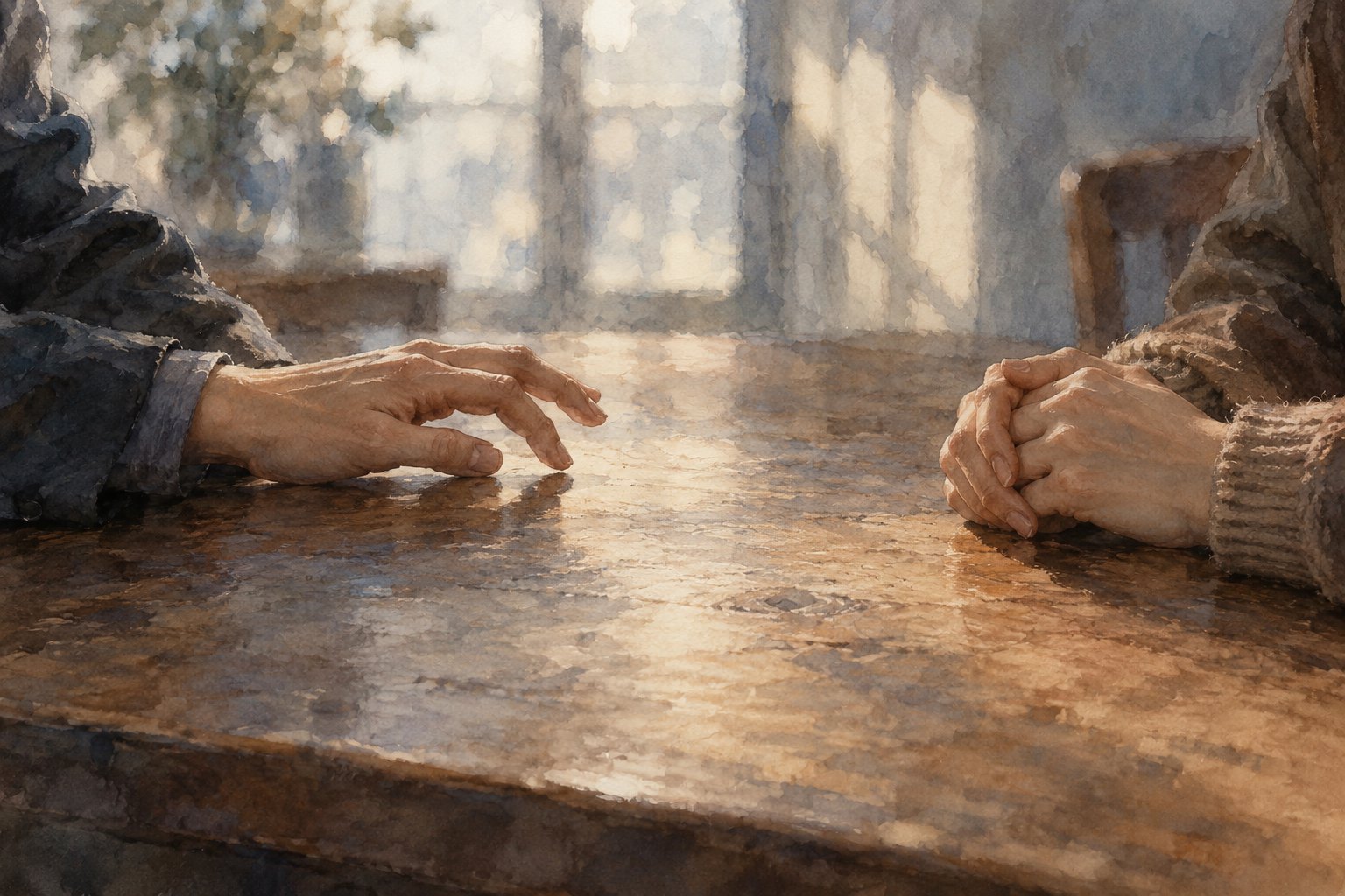 人物关系概念插画：木桌两端，一只手试探着伸出，对面双手交握，彼此之间留着空隙