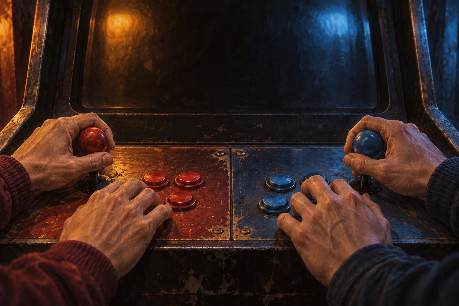 Concept illustration of players’ hands at a vintage arcade control panel illuminated by amber and blue light.