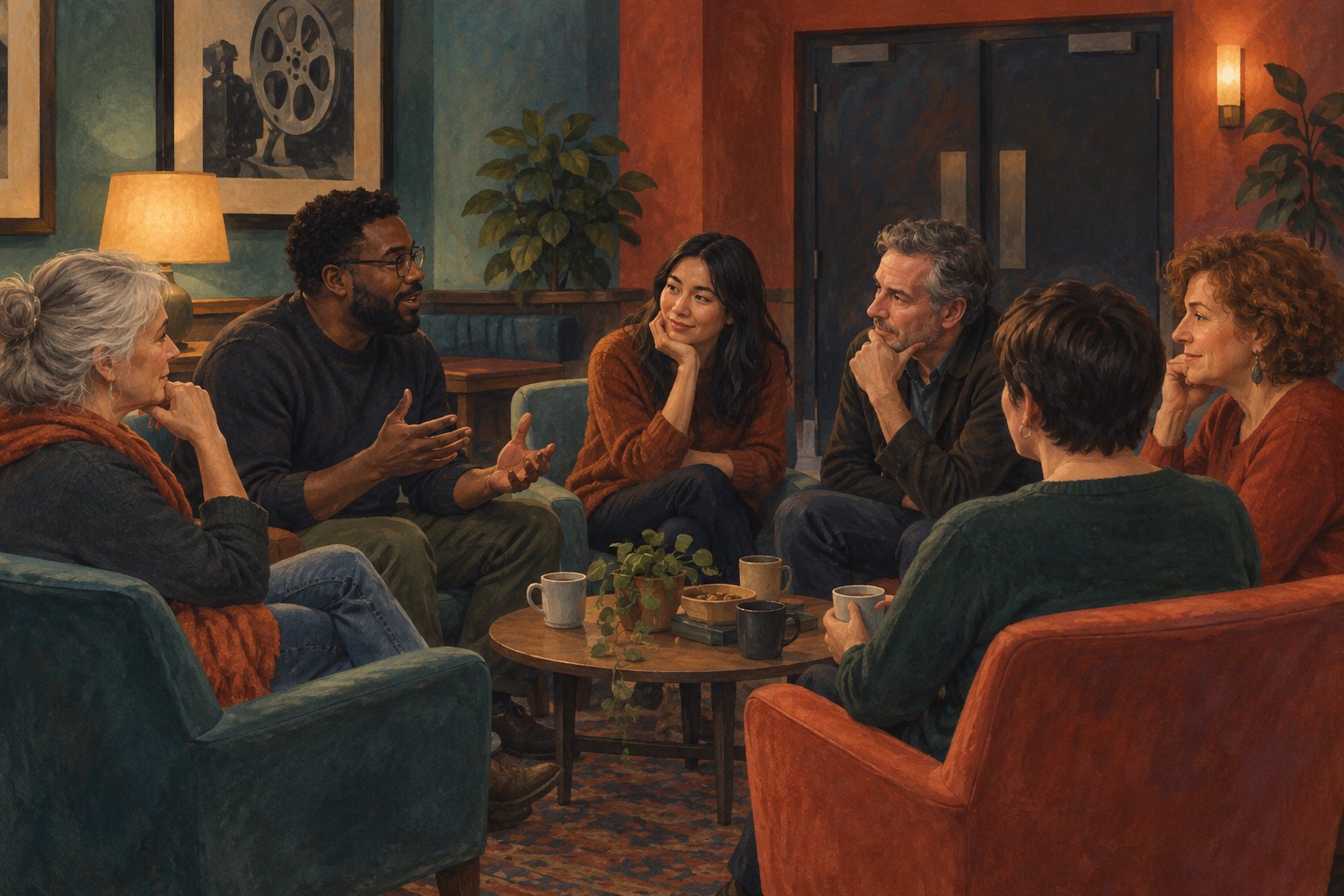 Conceptual illustration of six adults discussing a film around a low table in a cozy cinema lobby.