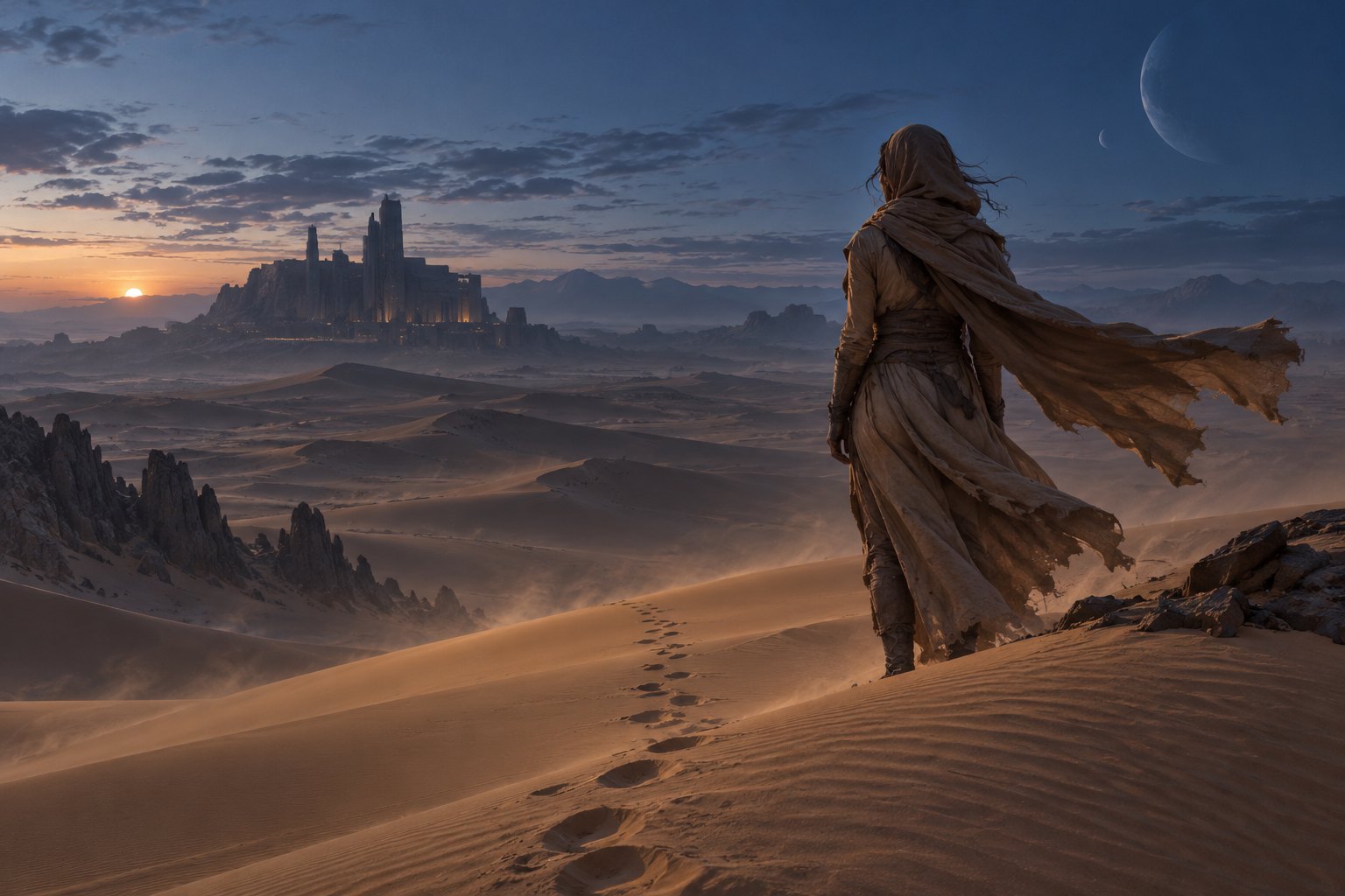 Conceptual illustration of a solitary robed woman on a windswept dune overlooking a distant palace at twilight.