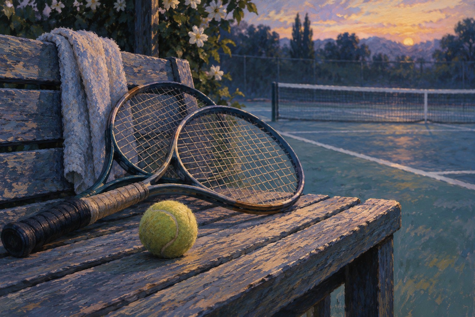 Editorial illustration of two tennis rackets and a ball resting on a weathered bench beside an empty court at twilight.