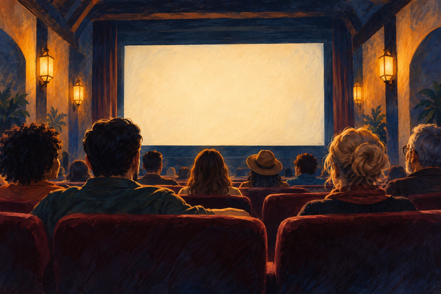 Conceptual illustration of moviegoers facing a glowing screen in a warmly lit screening room.