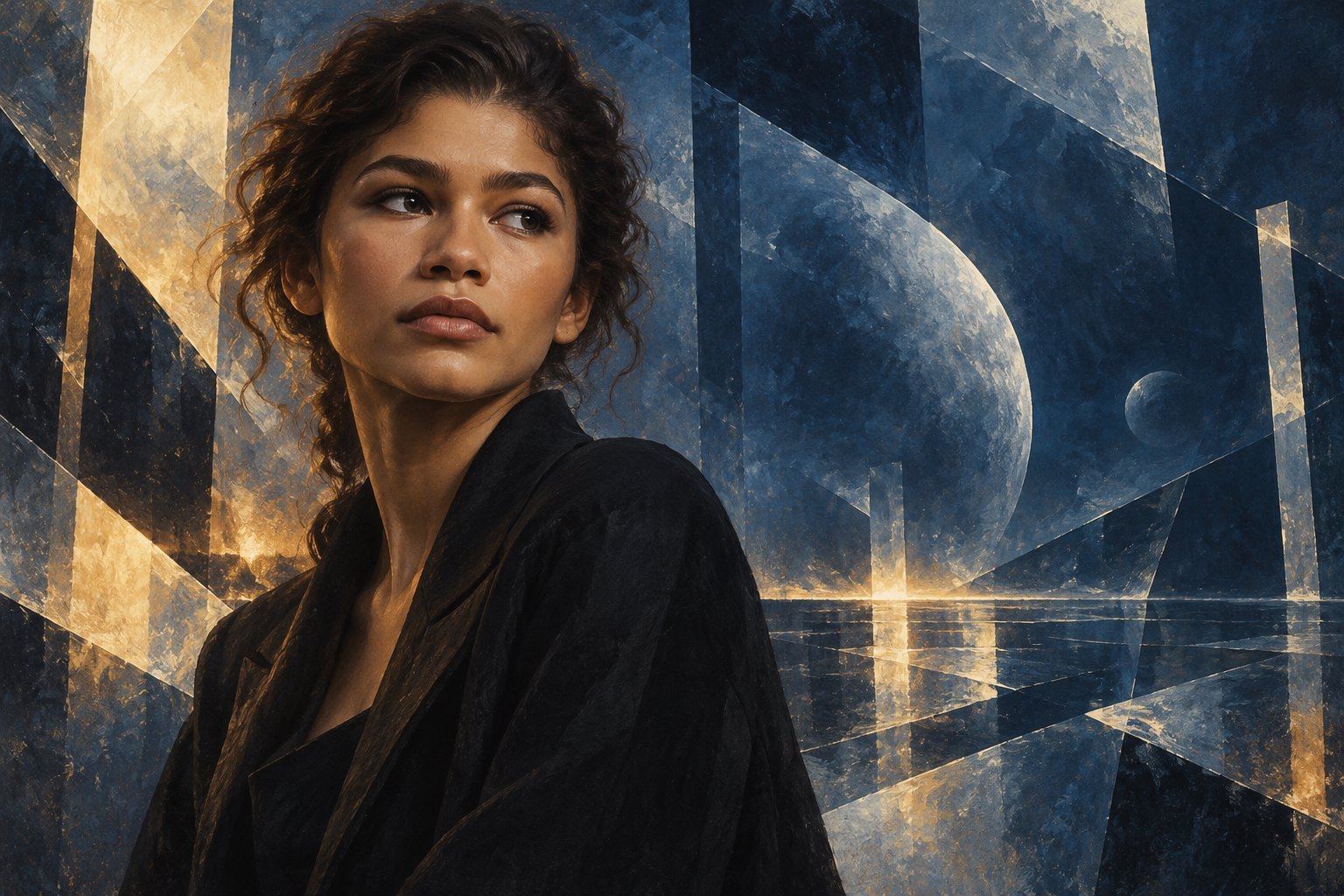 Conceptual editorial portrait of Zendaya against fractured blue and gold architectural light.