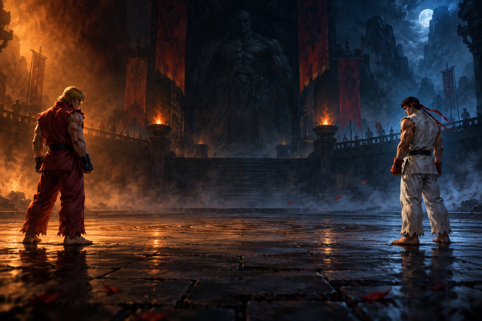 Concept illustration of two martial artists in red and off-white facing each other across a shadowy arena.