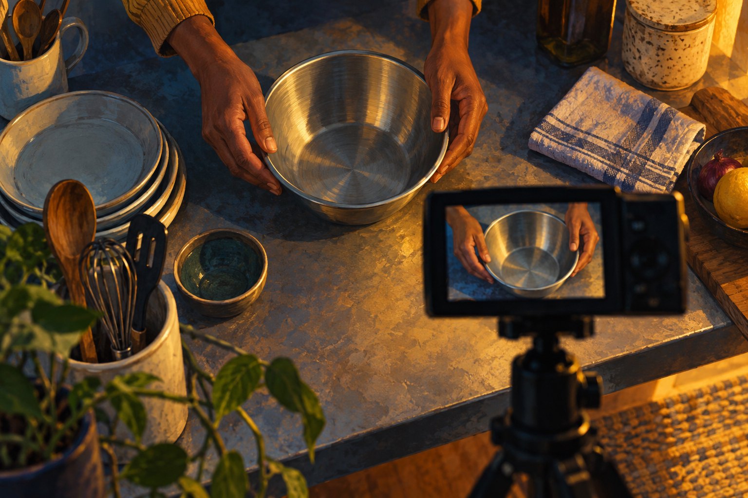 Conceptual illustration of hands arranging kitchen utensils beside a camera that captures only part of the surrounding workspace.