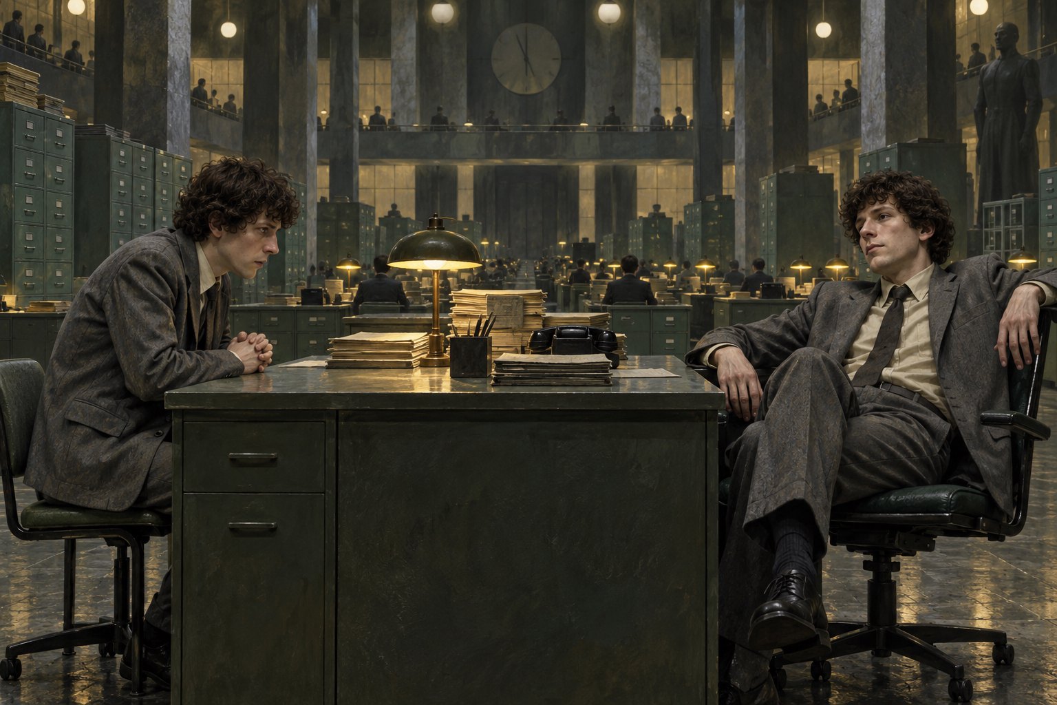 Conceptual illustration of two identical office workers facing each other across a desk, one anxious and the other confidently reclining.
