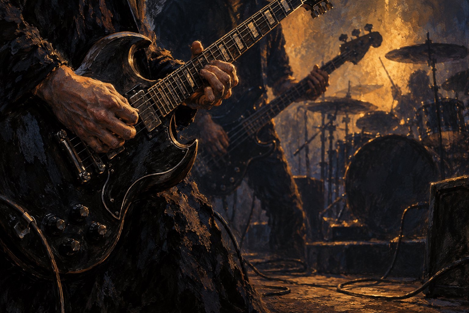 Conceptual illustration of a guitarist’s hands with a bassist and drum kit in warm stage lighting.