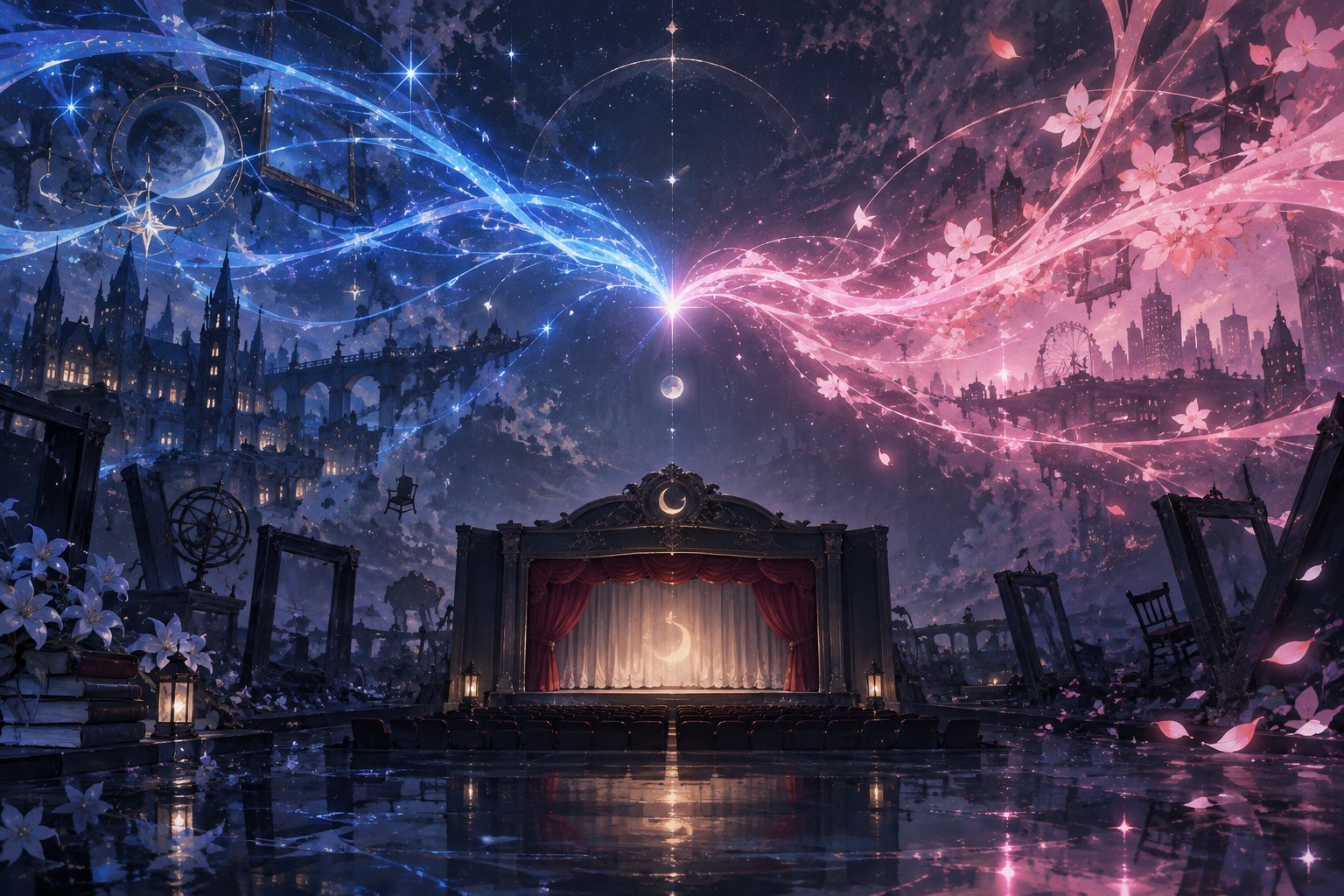 Blue and pink magical light converges above a dark cinema stage in a symbolic editorial illustration.