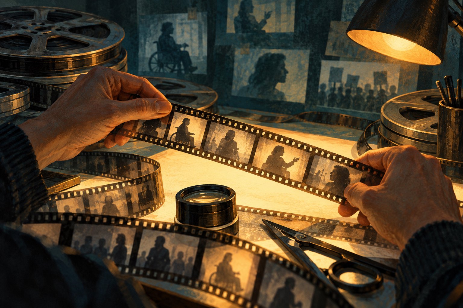 Conceptual illustration of hands examining film strips over an illuminated editing table.