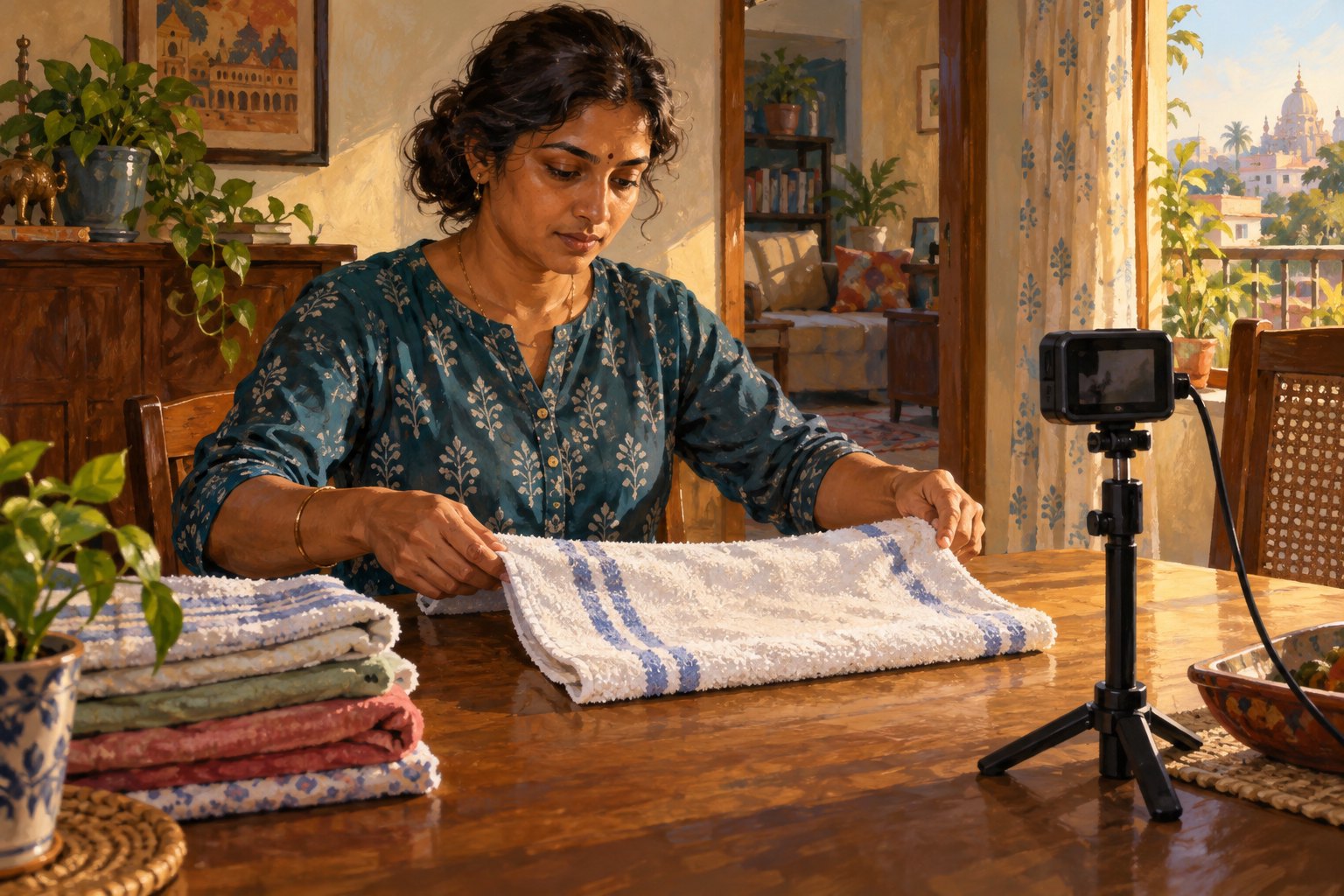 Conceptual illustration of a person folding a towel at home while a small camera records the task.