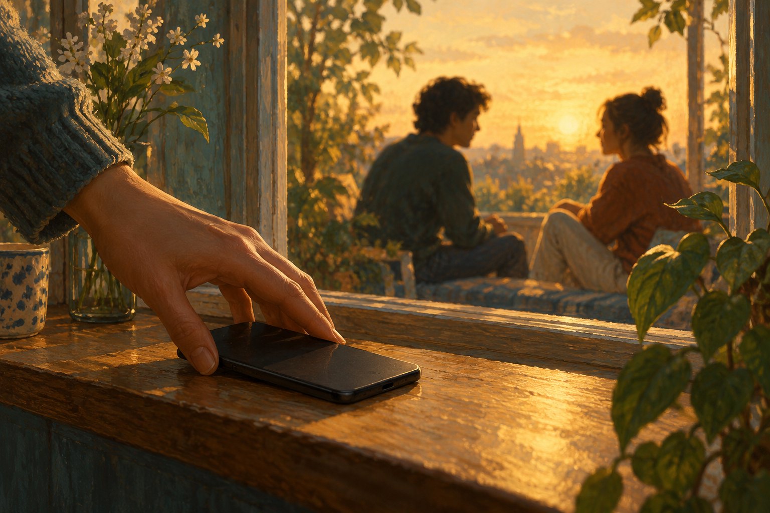 Conceptual illustration of a hand lowering a smartphone beside a sunlit window while two people face each other.