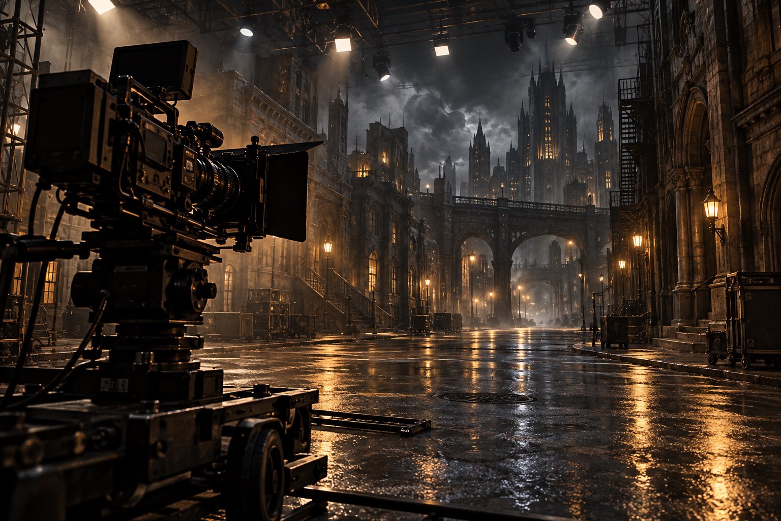 Conceptual illustration of a cinema camera overlooking a rain-soaked Gotham-inspired street set beneath studio lights.