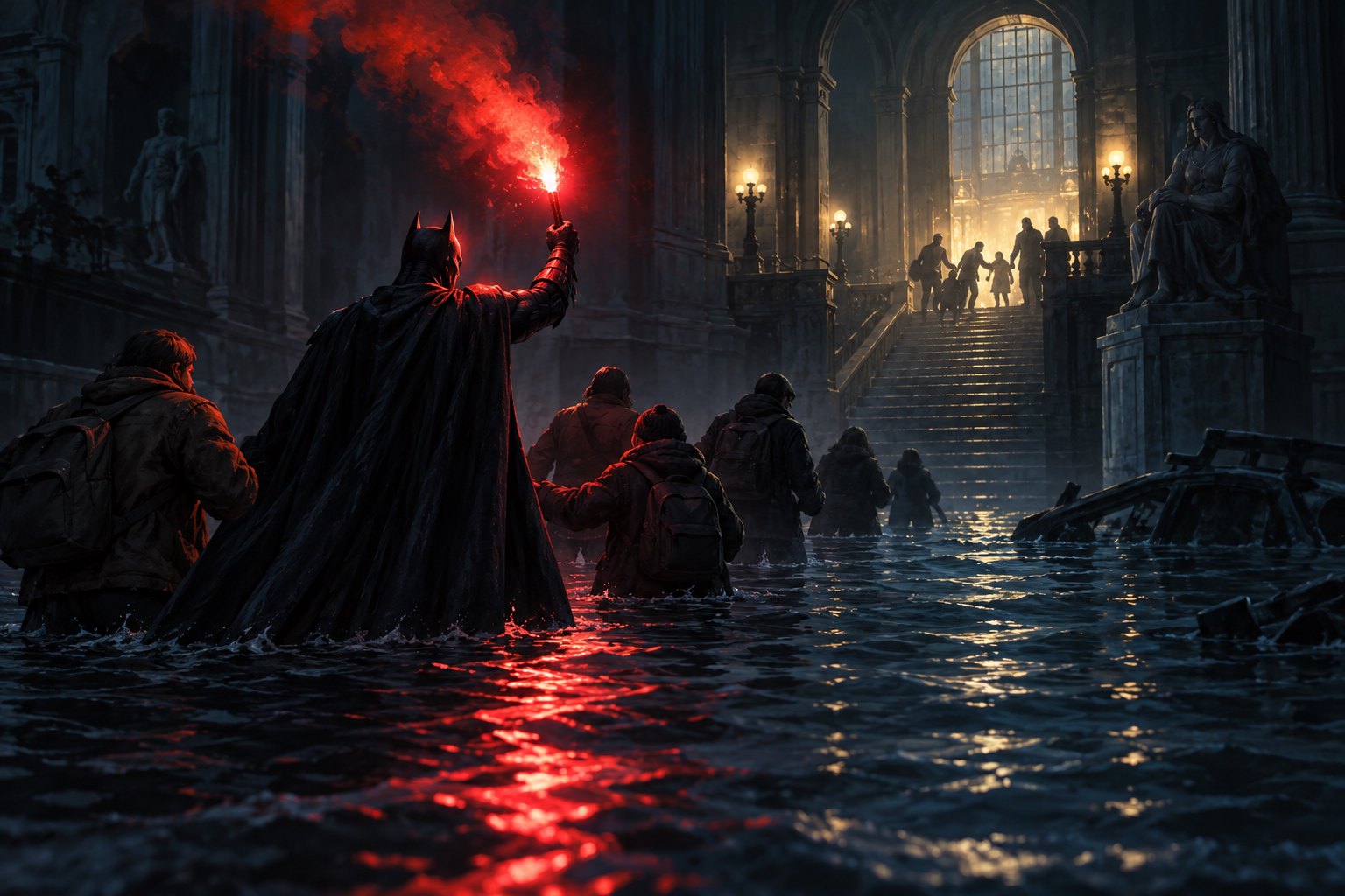 Conceptual illustration of Batman holding a red flare as civilians move through floodwater toward illuminated steps.