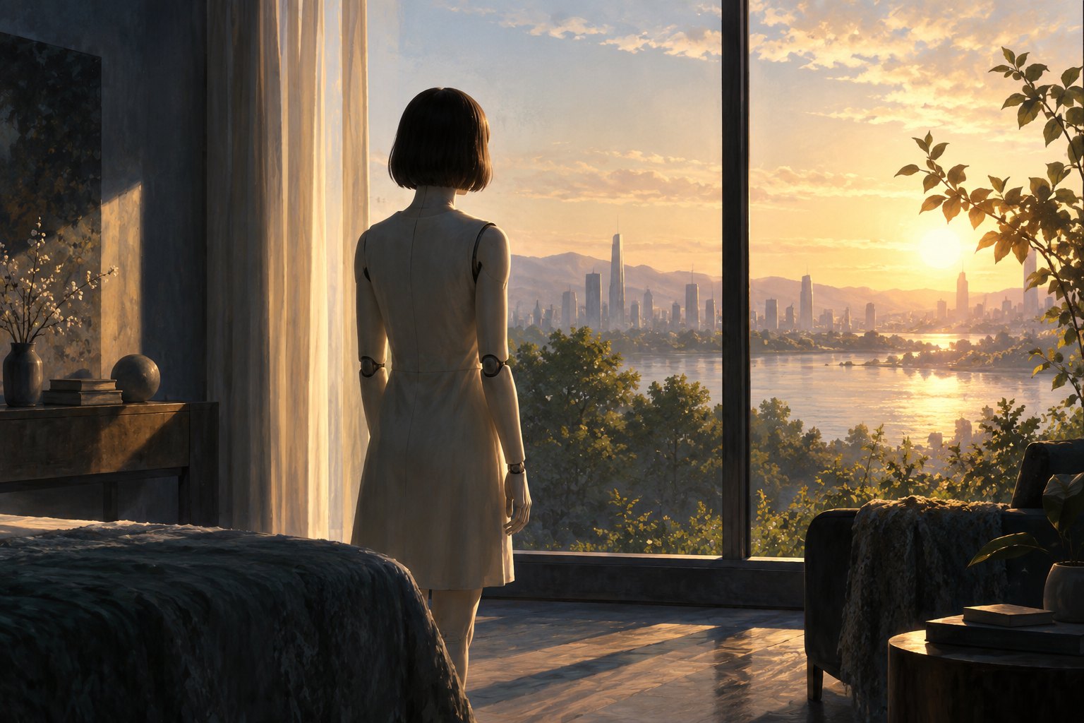 Conceptual illustration of a humanlike artificial companion facing a sunlit window in a shadowed room.