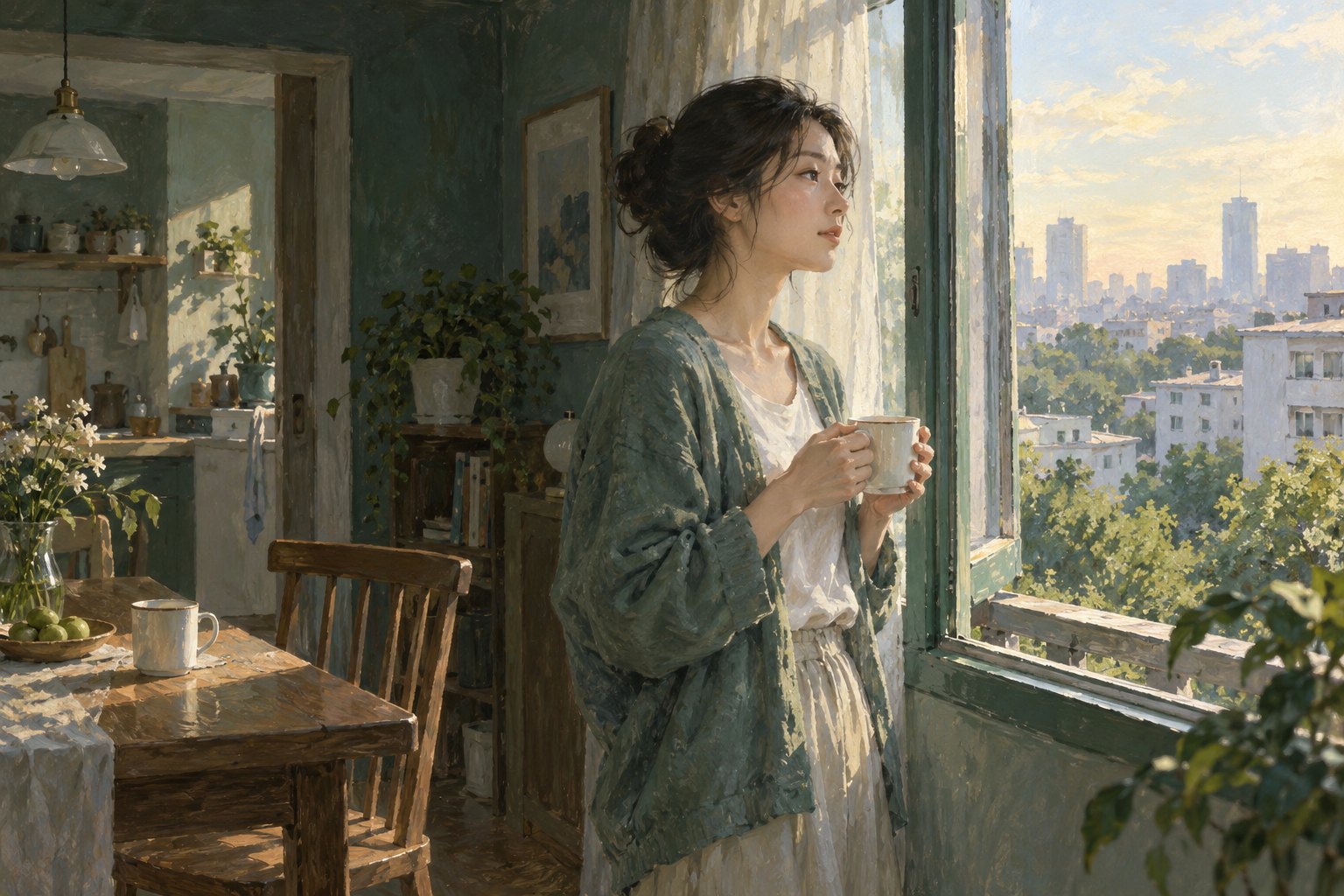 原创概念插画:女性捧杯望向窗外,身后餐桌留着空椅与另一只杯子,非电影剧照