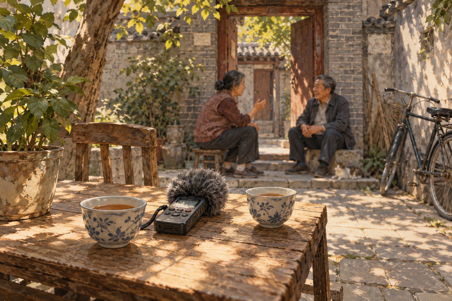 茶杯与录音设备前的街巷居民交谈场景插画，表现城市生活与声音，非影视剧照