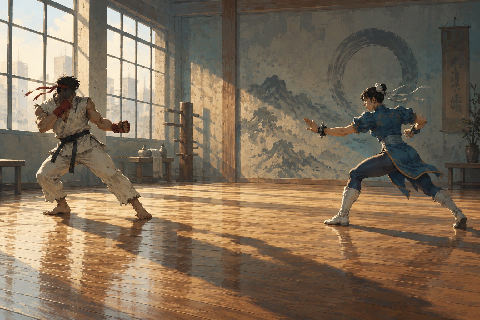 Conceptual illustration of two martial artists facing each other across a sunlit wooden training floor.