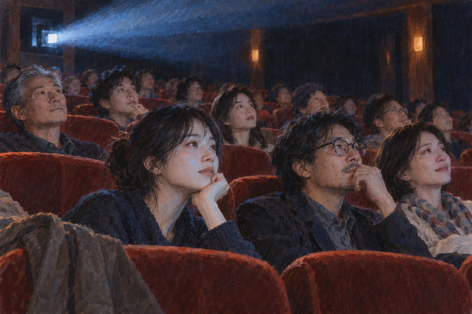 银幕光线照亮影院中神情各异的观众,呈现观看与思考的概念插画