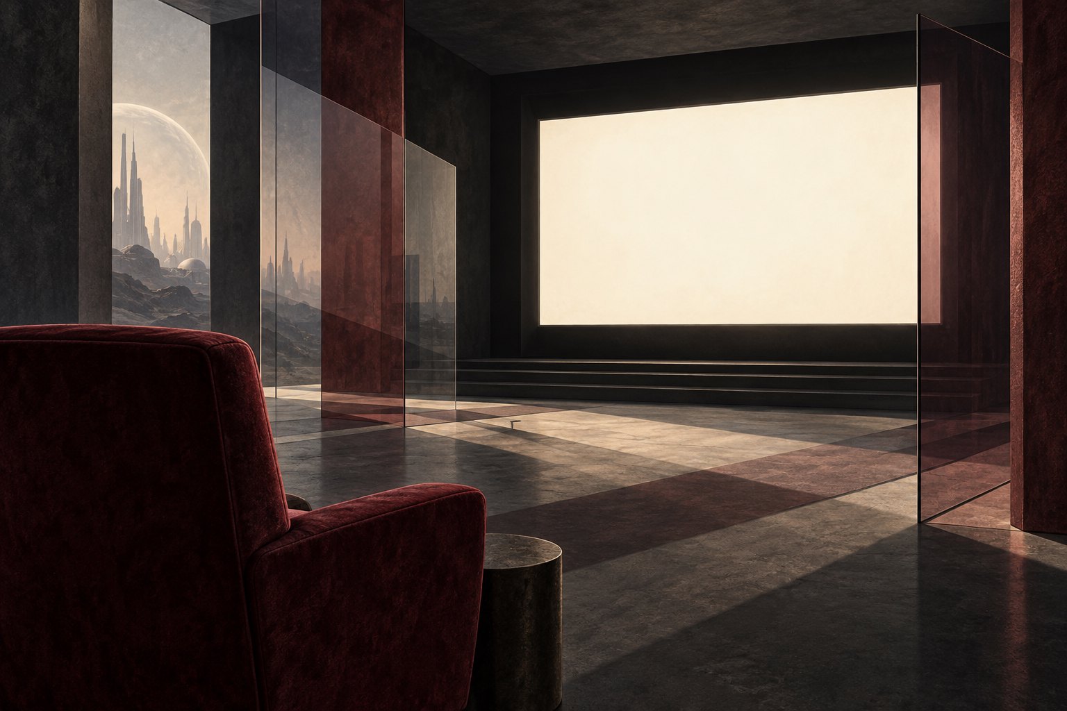 Conceptual illustration of a burgundy cinema chair facing a glowing blank screen through glass partitions.