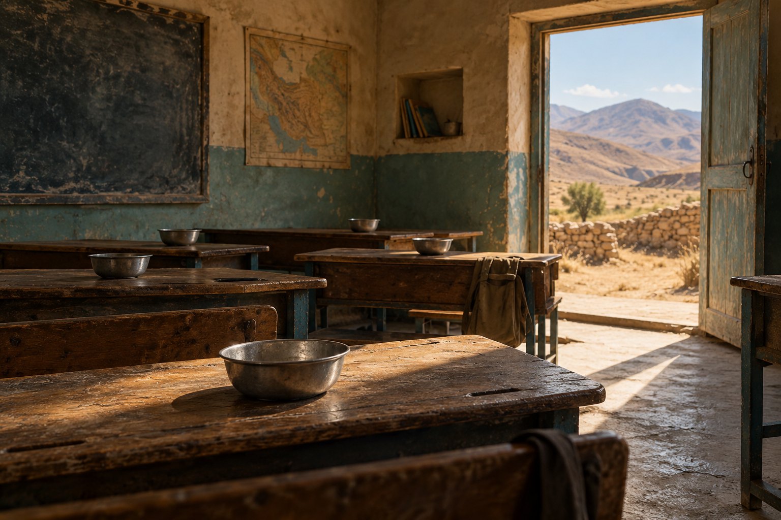 Conceptual illustration of an empty rural classroom with metal lunch bowls on wooden desks and arid hills beyond an open doorway.