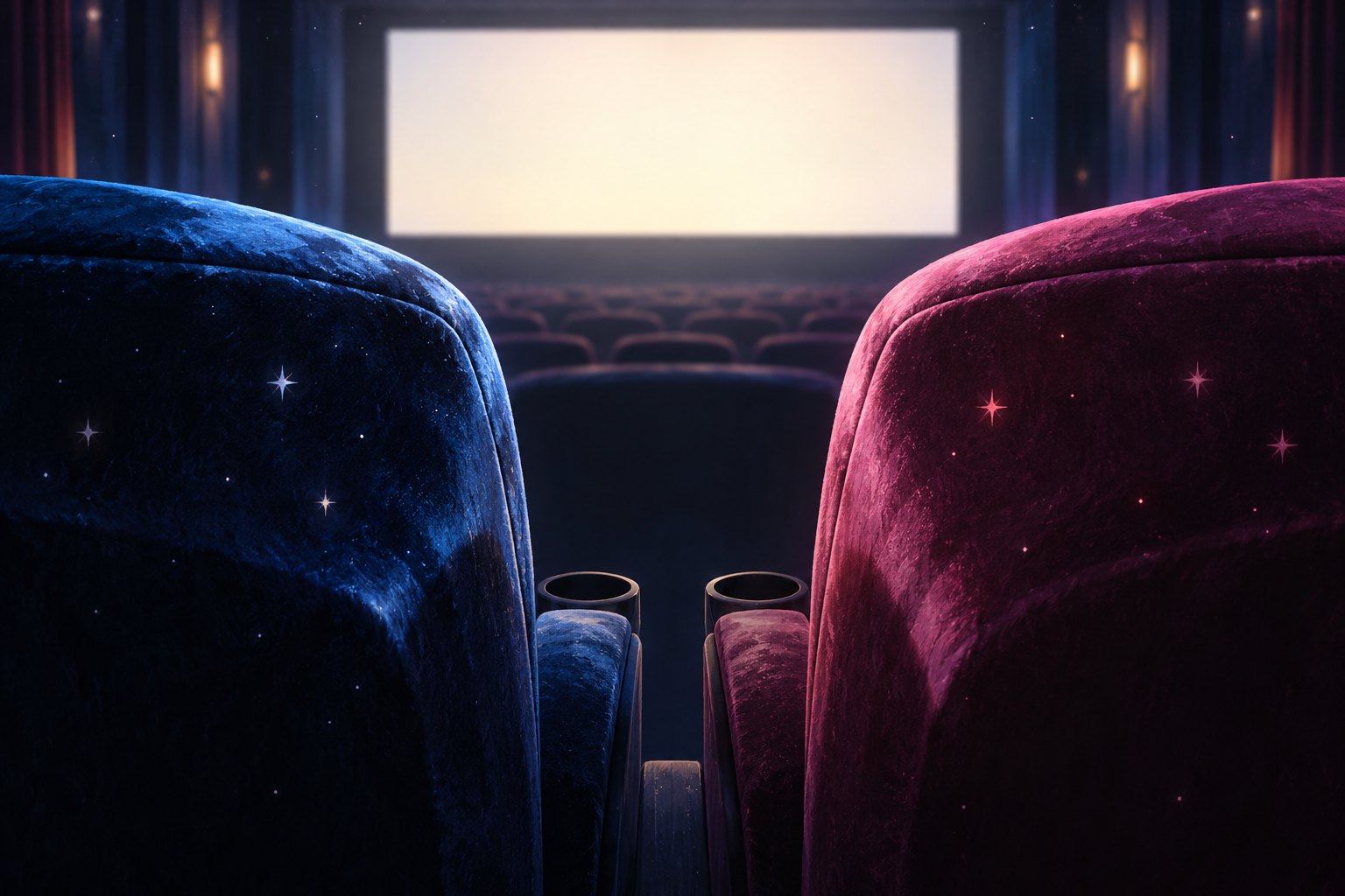 Blue and pink velvet cinema seats face a glowing blank screen in a symbolic editorial illustration.