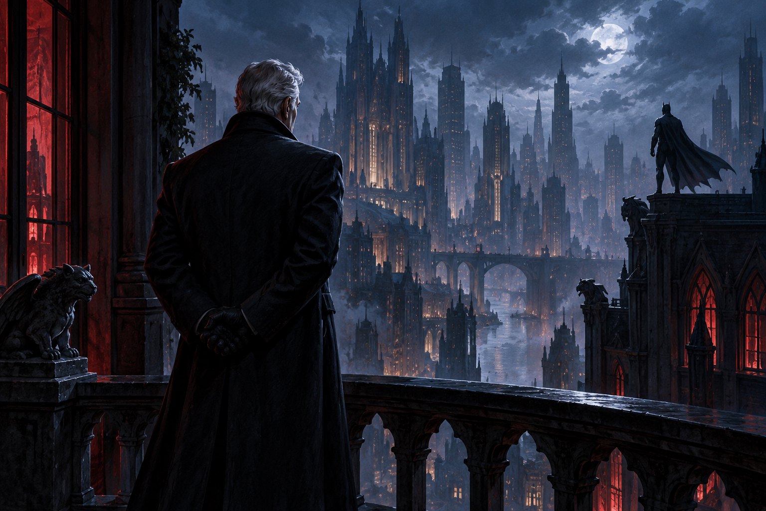 Conceptual illustration of a silver-haired man overlooking a futuristic Gothic city with a masked figure on a distant rooftop.