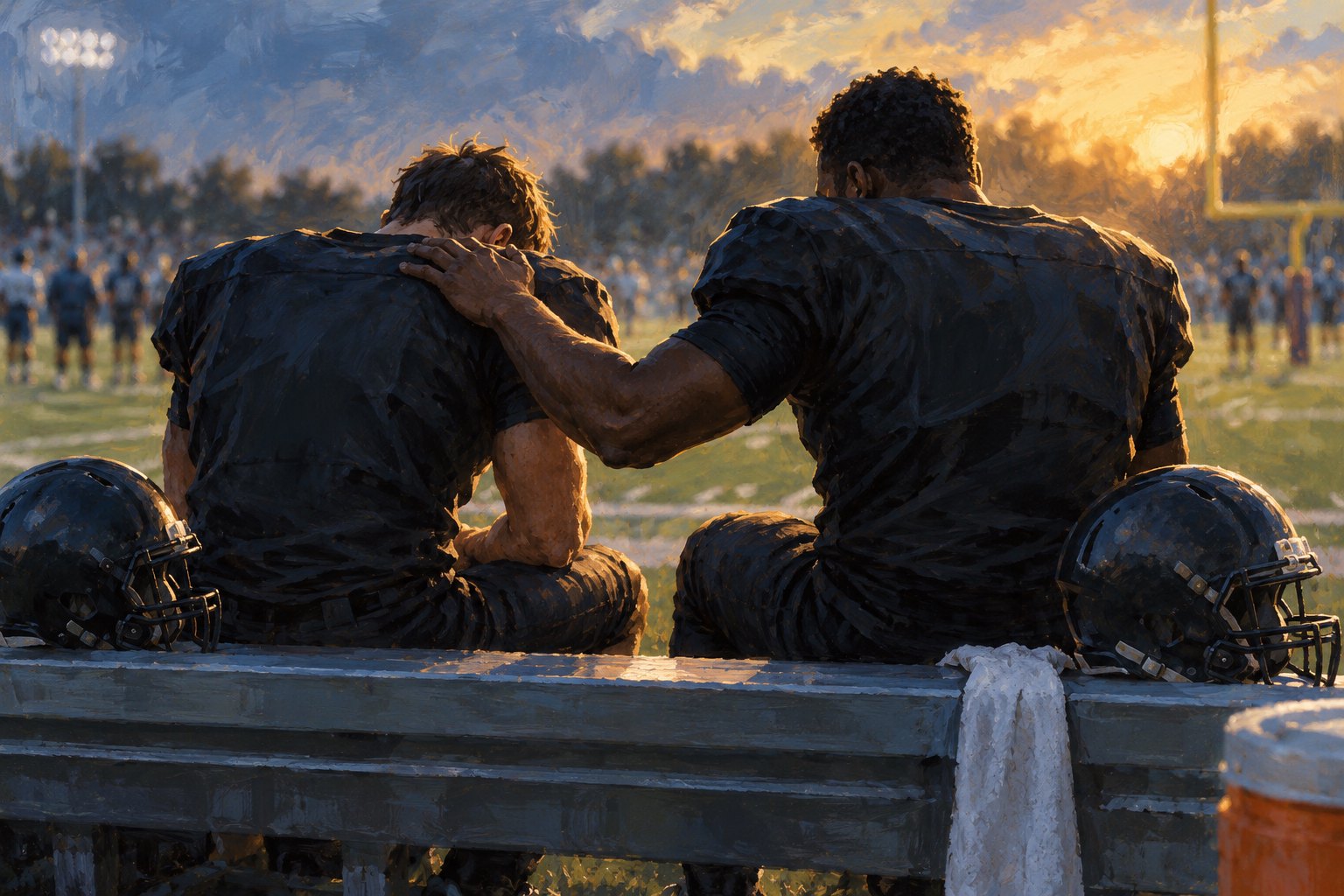 Conceptual illustration of two football teammates on a sideline bench, with one resting a supportive hand on the other's shoulder.