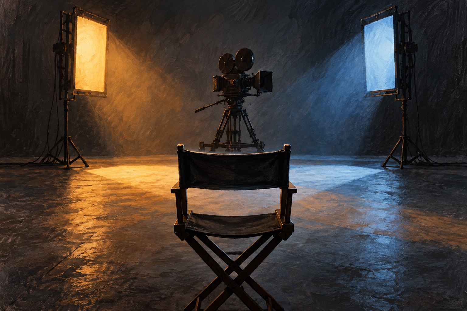 Conceptual illustration of an empty director’s chair facing a film camera between amber and blue studio lights.