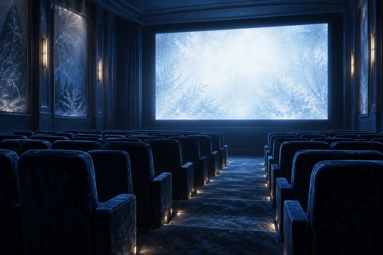 Conceptual illustration of an empty blue cinema facing a luminous screen filled with frostlike patterns.
