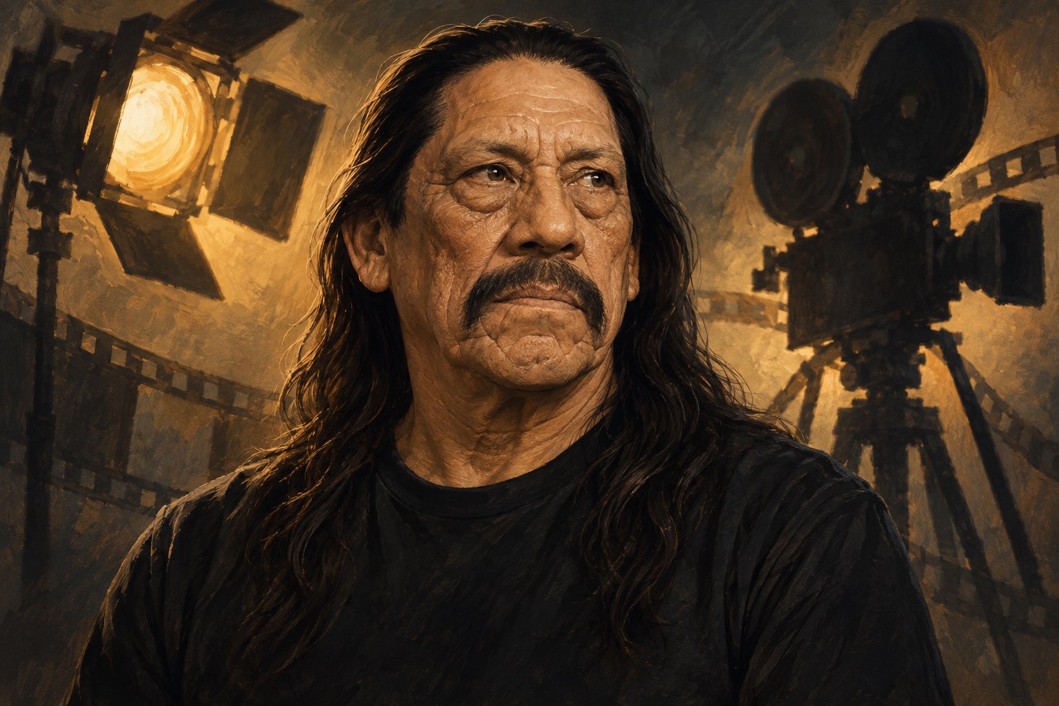 Painterly editorial portrait of Danny Trejo against an abstract cinema backdrop with warm lighting and a camera silhouette.