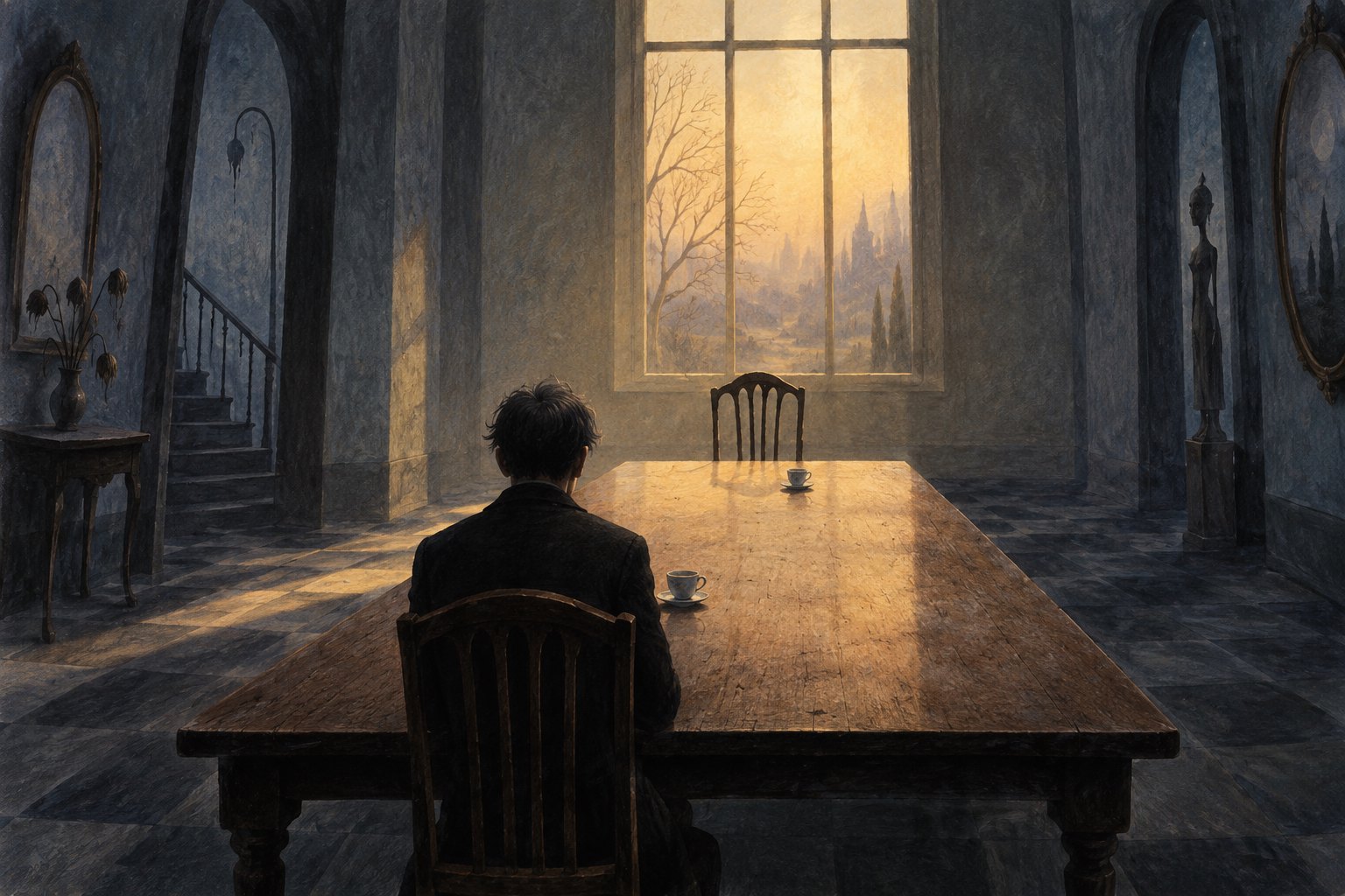 A solitary figure faces an empty chair across a long dining table in a shadowy room lit by a golden window.