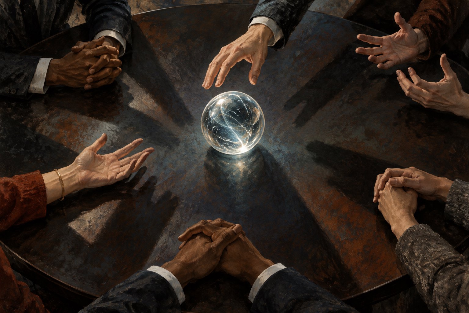 Conceptual illustration of hands gathered around a conference table, with one reaching toward a glowing glass sphere.