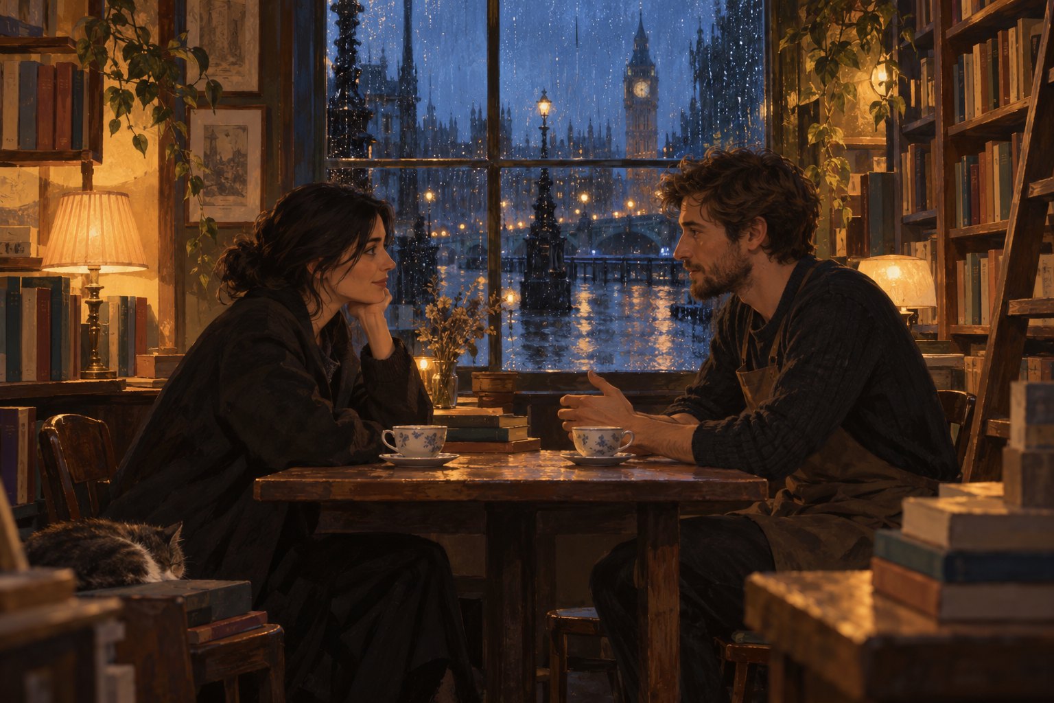 An illustrated woman and bookseller share tea across a wooden table in a warmly lit bookshop on a rainy evening.