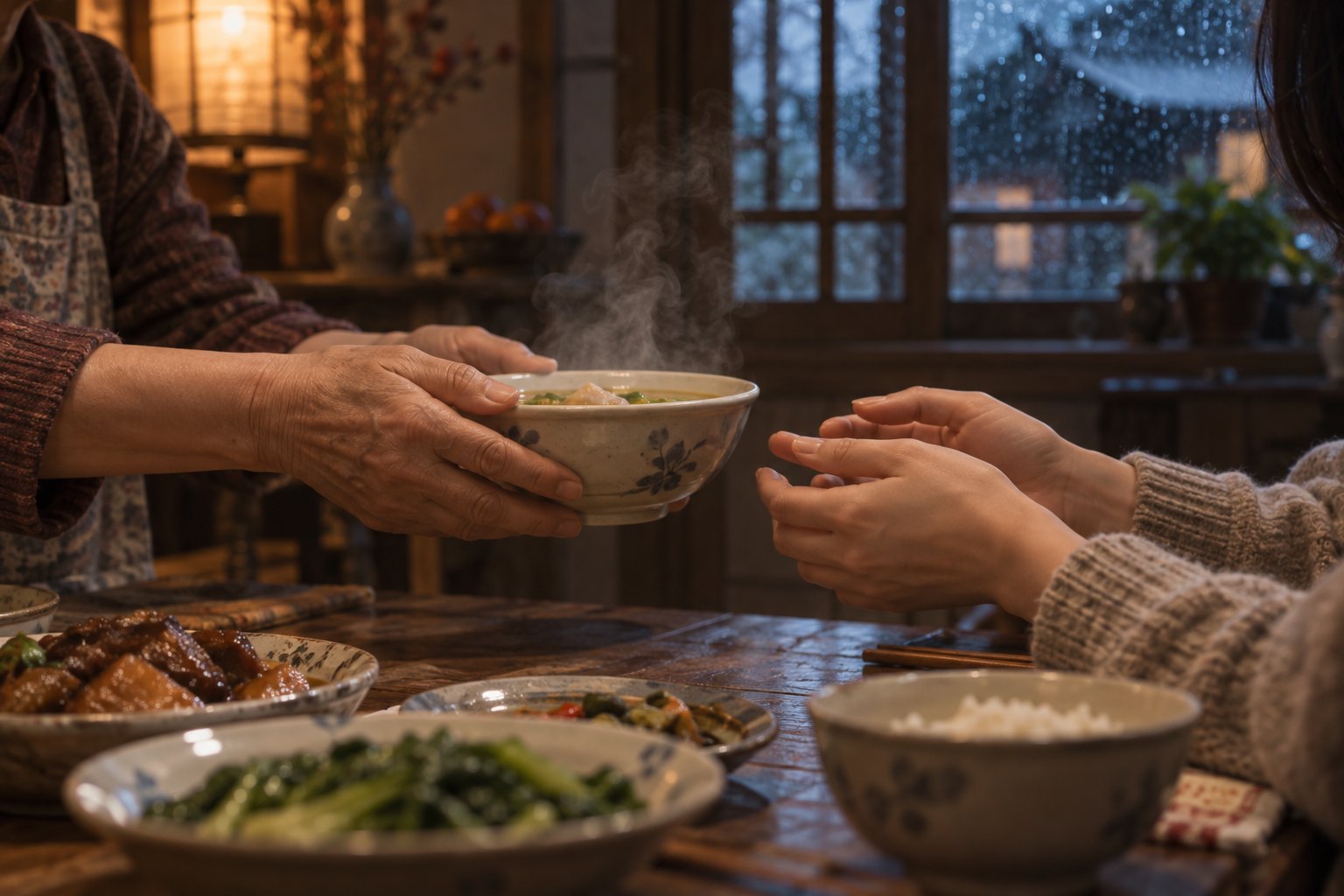 暖灯照亮老宅餐桌,母亲将一碗热汤递向女儿,蒸汽升起在两双手之间