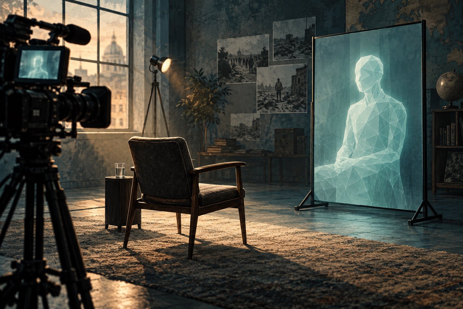 Conceptual illustration of an empty interview chair beside a screen displaying a polygonal human figure, with a camera in the foreground.