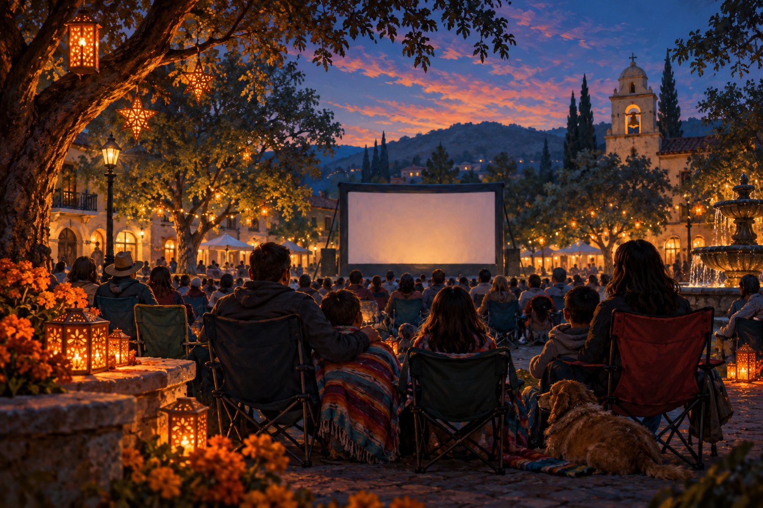 Illustration of families facing an outdoor movie screen in a tree-lined plaza at twilight.