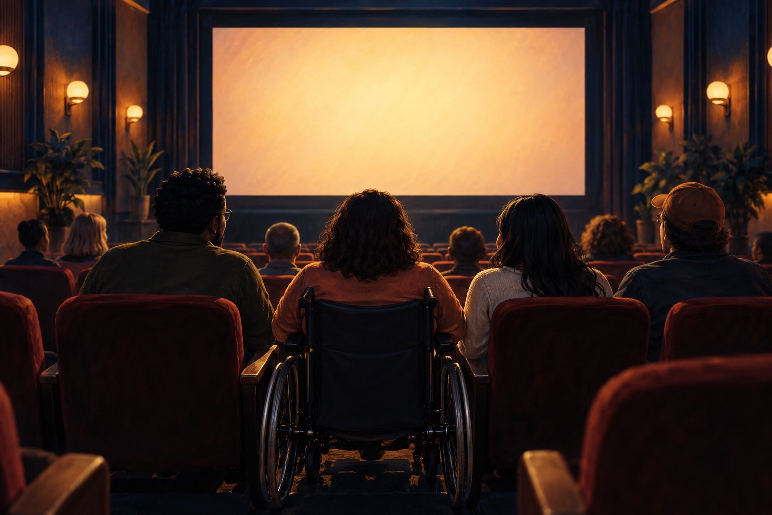 Conceptual illustration of a cinema audience, including a wheelchair user, facing a softly glowing screen.