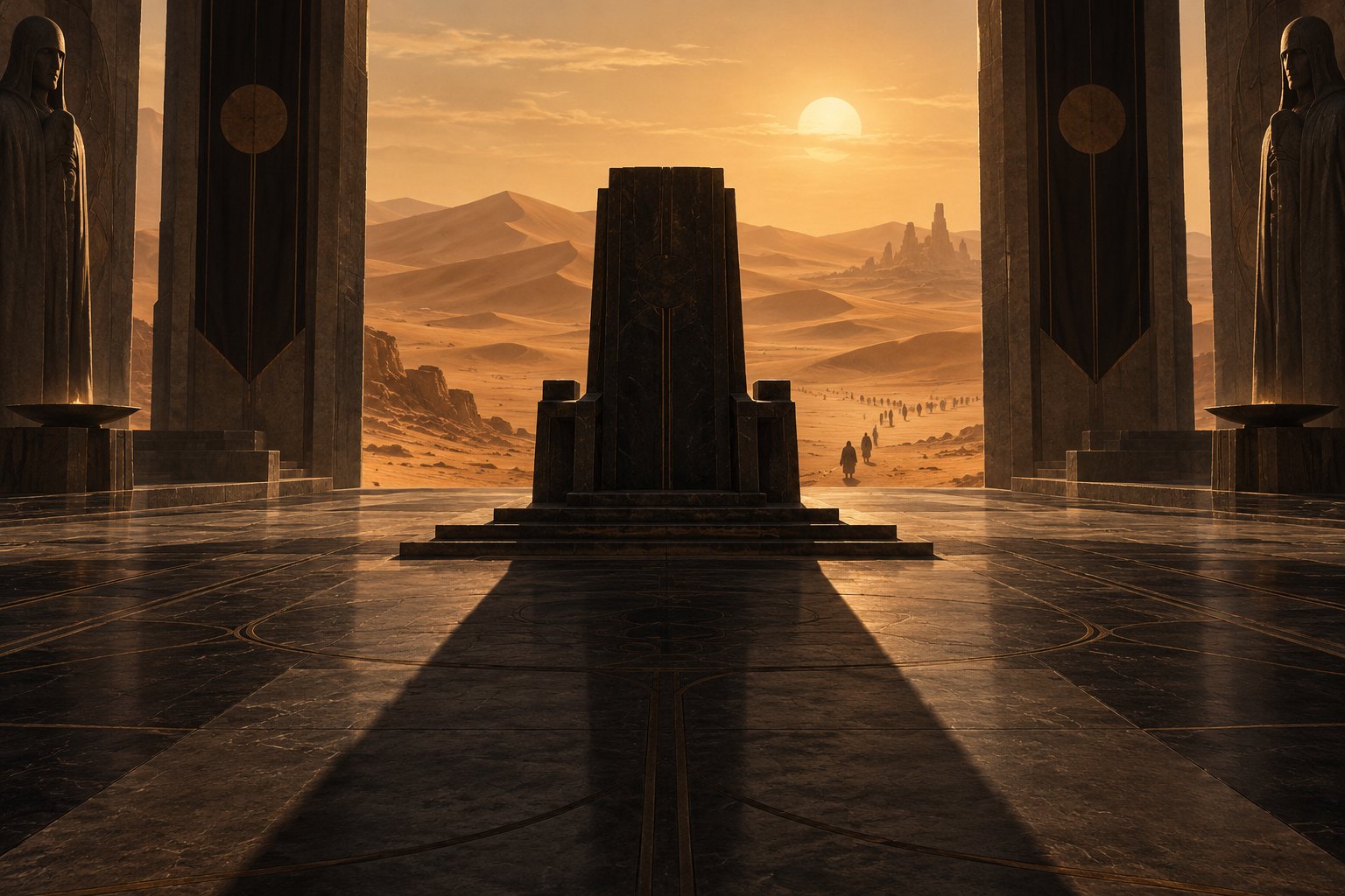 Conceptual illustration of an empty stone throne overlooking sunlit desert dunes from a shadowy monumental hall.